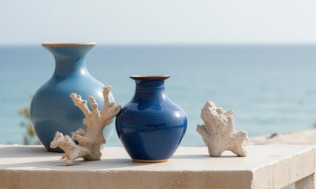 Vaso in ceramica artigianale blu mare su un tavolo in legno rustico